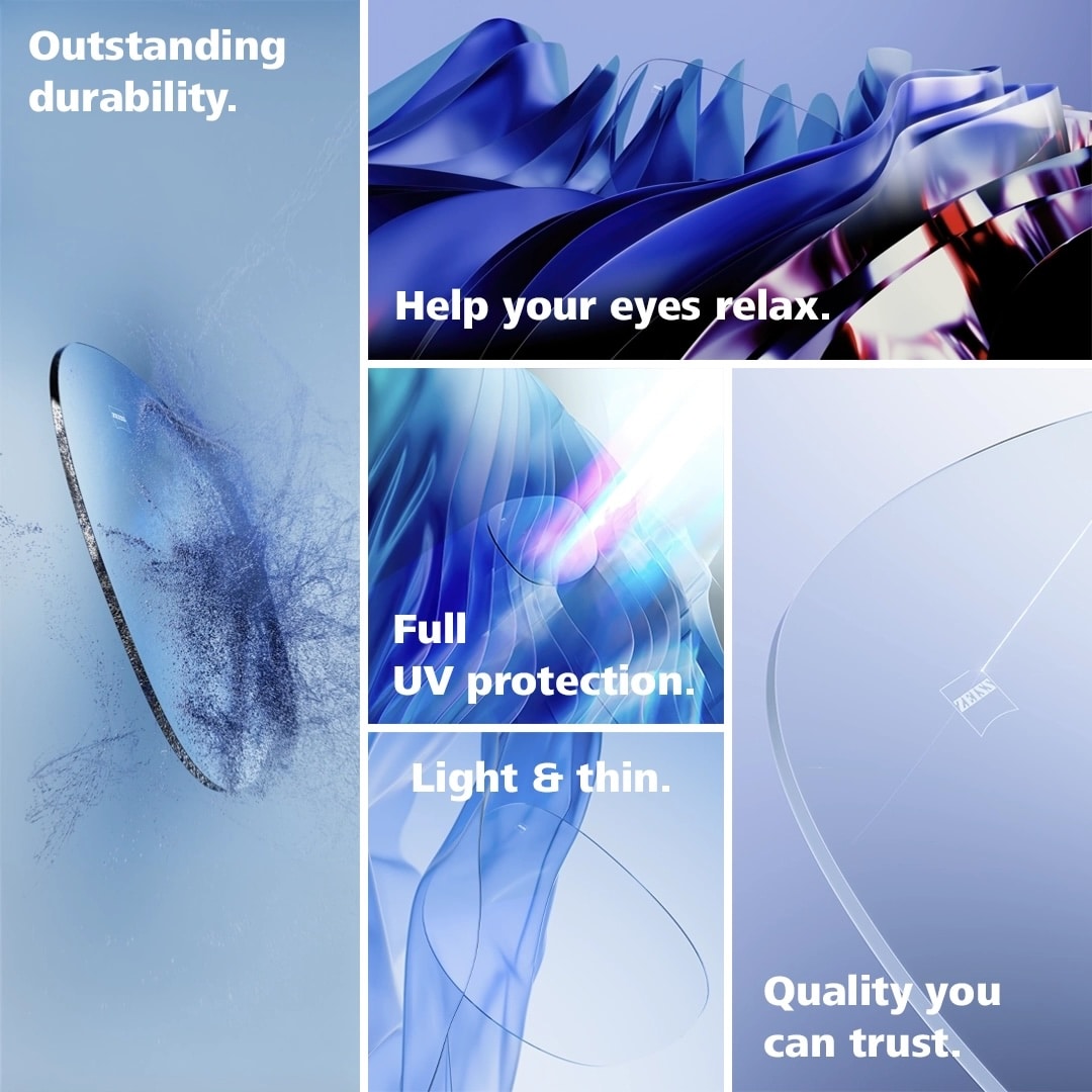 abstract lenses inspired background with text: Outstanding durability.
            Help your eyes relax. Full UV protection. Light & thin. Quality you can trust.